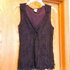 Studio Y brown sleeveless lace sequin top Medium flattering v neck sheer overlay